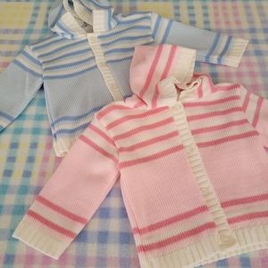 BABY TOWN ♡ NWOT Pink or Blue|White Striped Knit Button Up Hoodie Cardigan 0-3M
